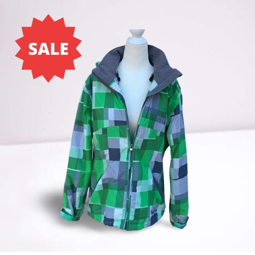 Core Powder Room 5000mm Green & Grey Zip Up Checker Ski/Snowboard Jacket